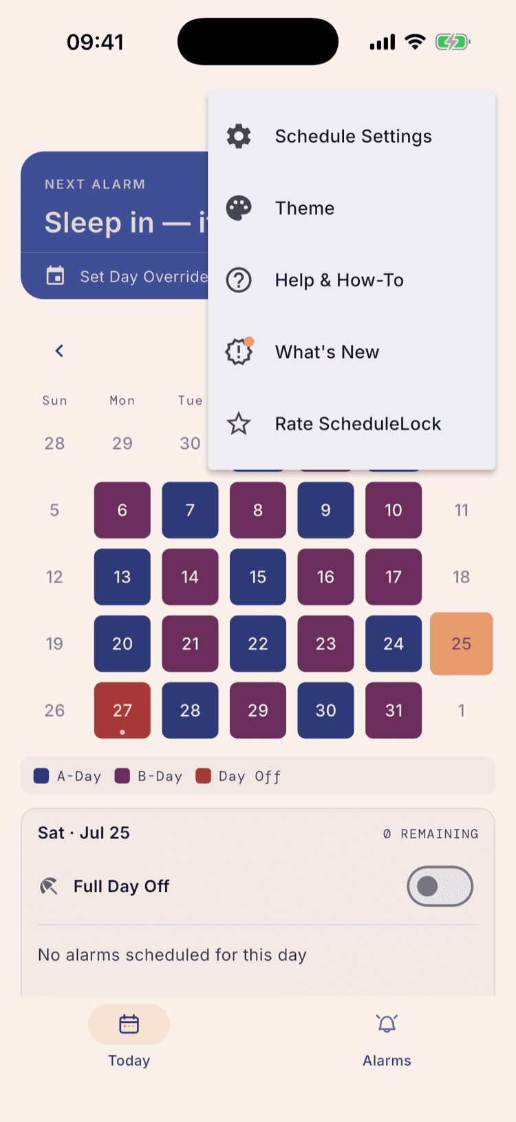The ScheduleLock home screen with the overflow menu open, showing Schedule Settings, Theme, Help & How-To, What's New, and Rate ScheduleLock.