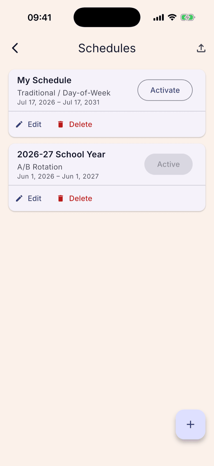 The Schedules list showing two schedules, with the A/B rotation one marked Active and an Edit link beneath it.