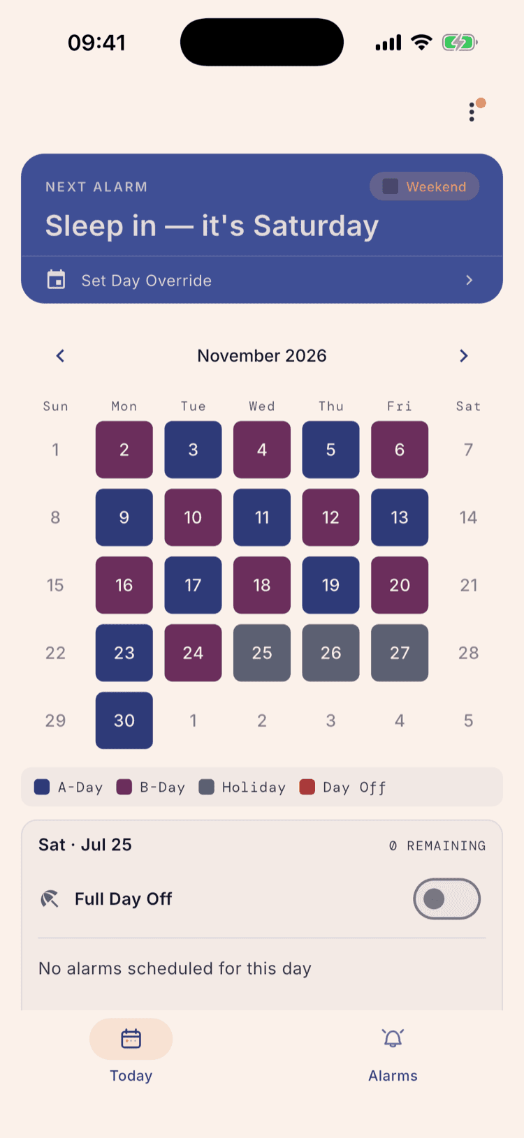 The home calendar on November 2026: the 25th, 26th and 27th are slate grey, the legend now includes a Holiday key, and the 30th is back to an A-Day.