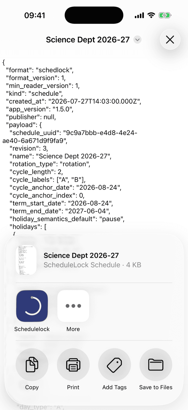 The iOS share sheet for a file named “Science Dept 2026-27”, identified underneath as a ScheduleLock Schedule, with ScheduleLock offered as an app to open it in.