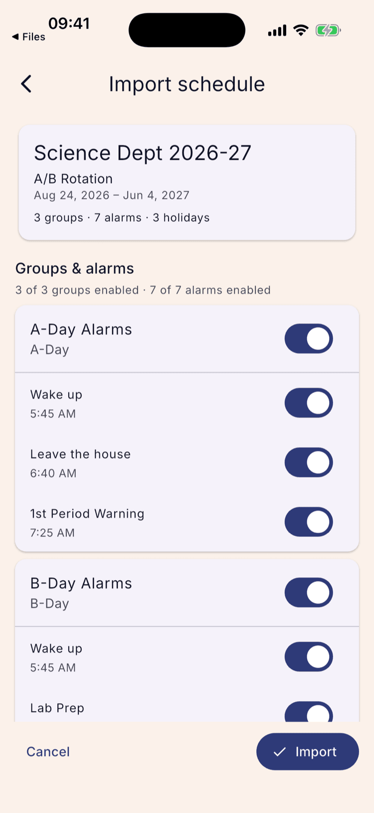 The Import schedule screen headed “Science Dept 2026-27”, described as an A/B Rotation running Aug 24 2026 to Jun 4 2027, with 3 groups, 7 alarms and 3 holidays, above the Groups & alarms list.