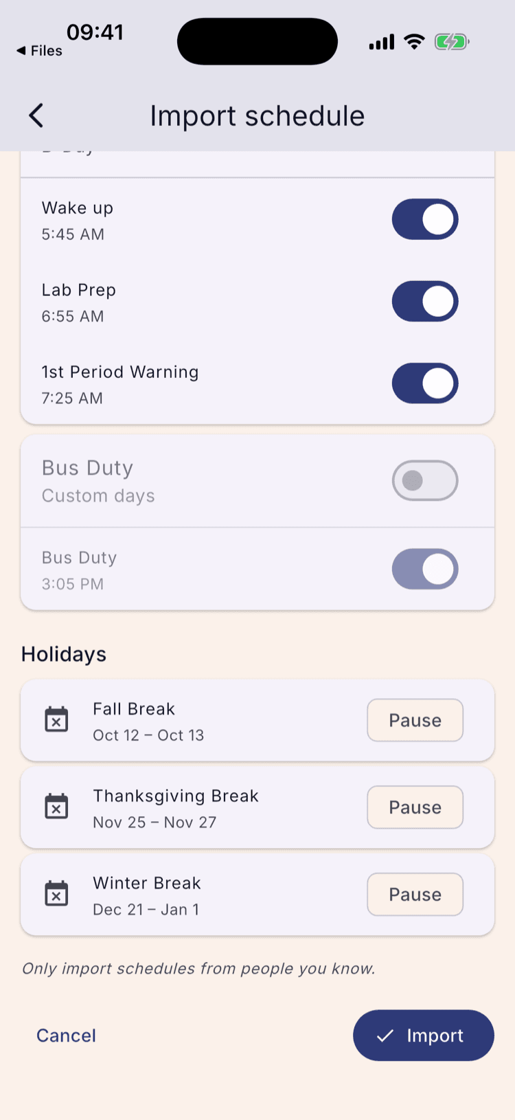 The Groups & alarms list on the import screen with the Bus Duty group switched off and greyed out, while the A-Day and B-Day alarm groups above it stay on.