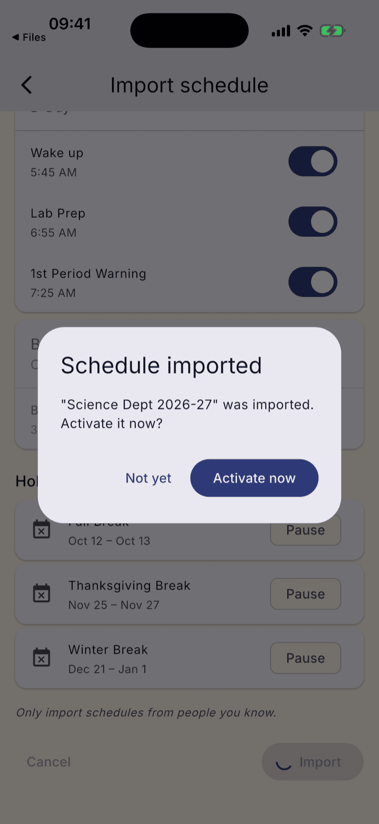 A dialog headed “Schedule imported” reading “Science Dept 2026-27 was imported. Activate it now?” with Not yet and Activate now buttons.