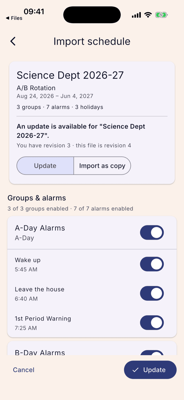 The import screen showing “An update is available for Science Dept 2026-27”, the line “You have revision 3 · this file is revision 4”, a control offering Update or Import as copy, and an Update button at the bottom.