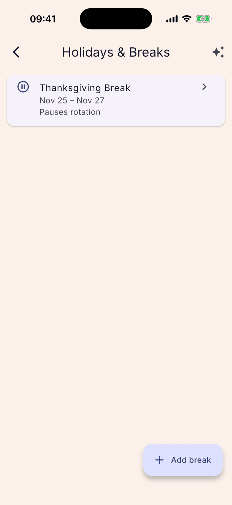 The Holidays & Breaks screen with one existing break, Thanksgiving Break, and a sparkle import icon in the top-right corner of the app bar.