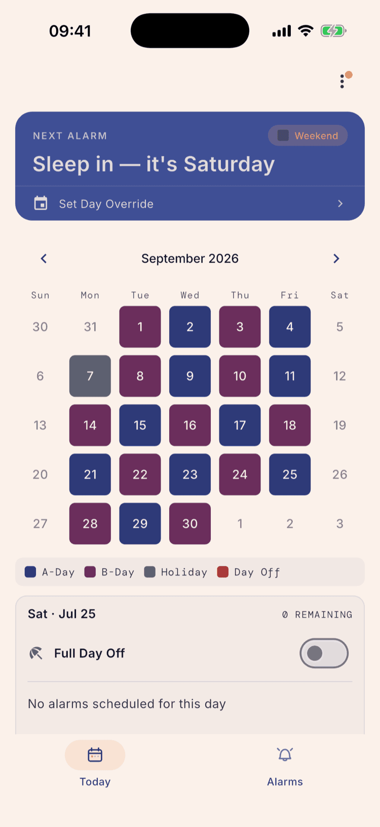 The home calendar for September 2026 with the 7th shaded grey as a Holiday for Labor Day, the A/B rotation continuing around it.