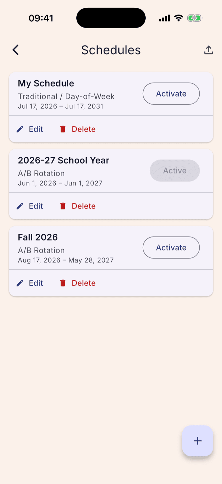 The Schedules list with a third card added, “Fall 2026 — A/B Rotation — Aug 17, 2026 to May 28, 2027”, carrying an Activate button.