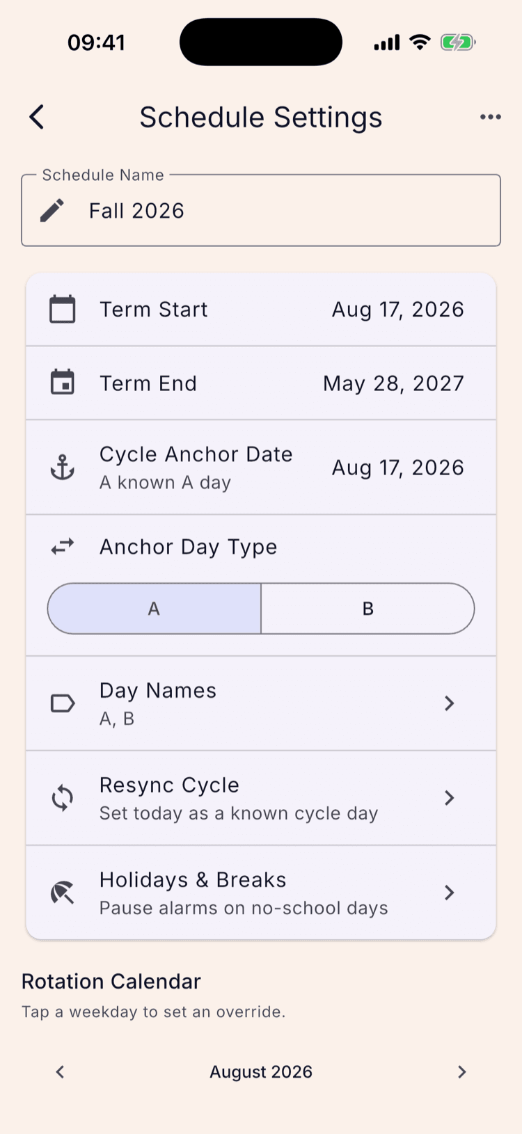 Schedule Settings for Fall 2026, showing Term Start Aug 17 2026, Term End May 28 2027, Cycle Anchor Date Aug 17 2026 described as “A known A day”, and an Anchor Day Type control set to A rather than B.