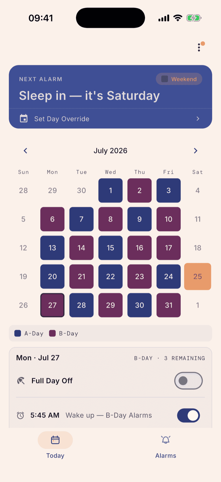 The ScheduleLock home screen: a card showing the next alarm, and a month calendar with each school day coloured as an A-Day or B-Day.