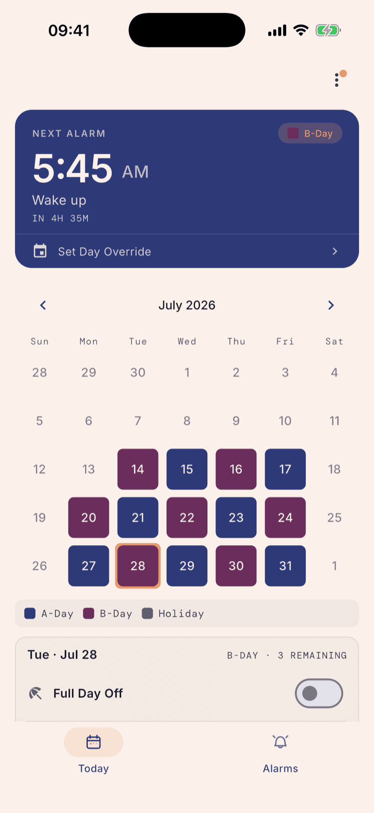 The ScheduleLock home screen with a Today and Alarms tab bar along the bottom, Today currently selected.