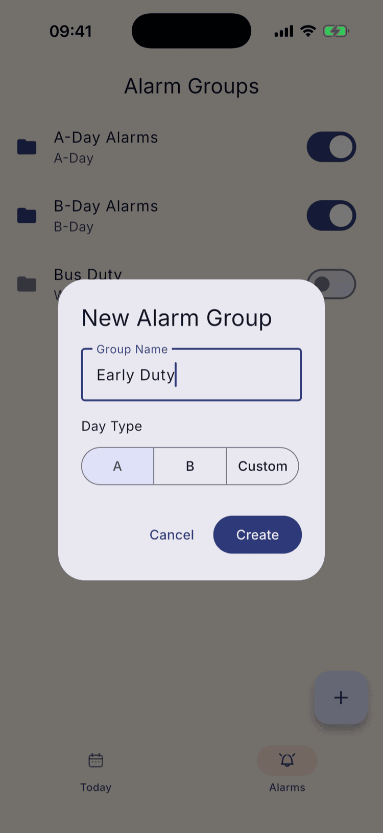 The New Alarm Group dialog with Early Duty typed into the Group Name field, above a Day Type control.