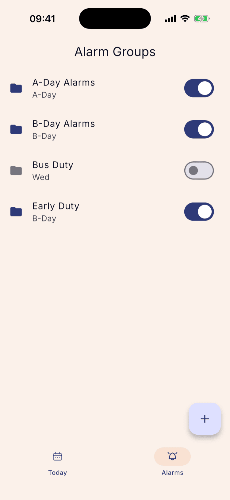The Alarm Groups list with a new Early Duty group added at the bottom, labelled B-Day and switched on.