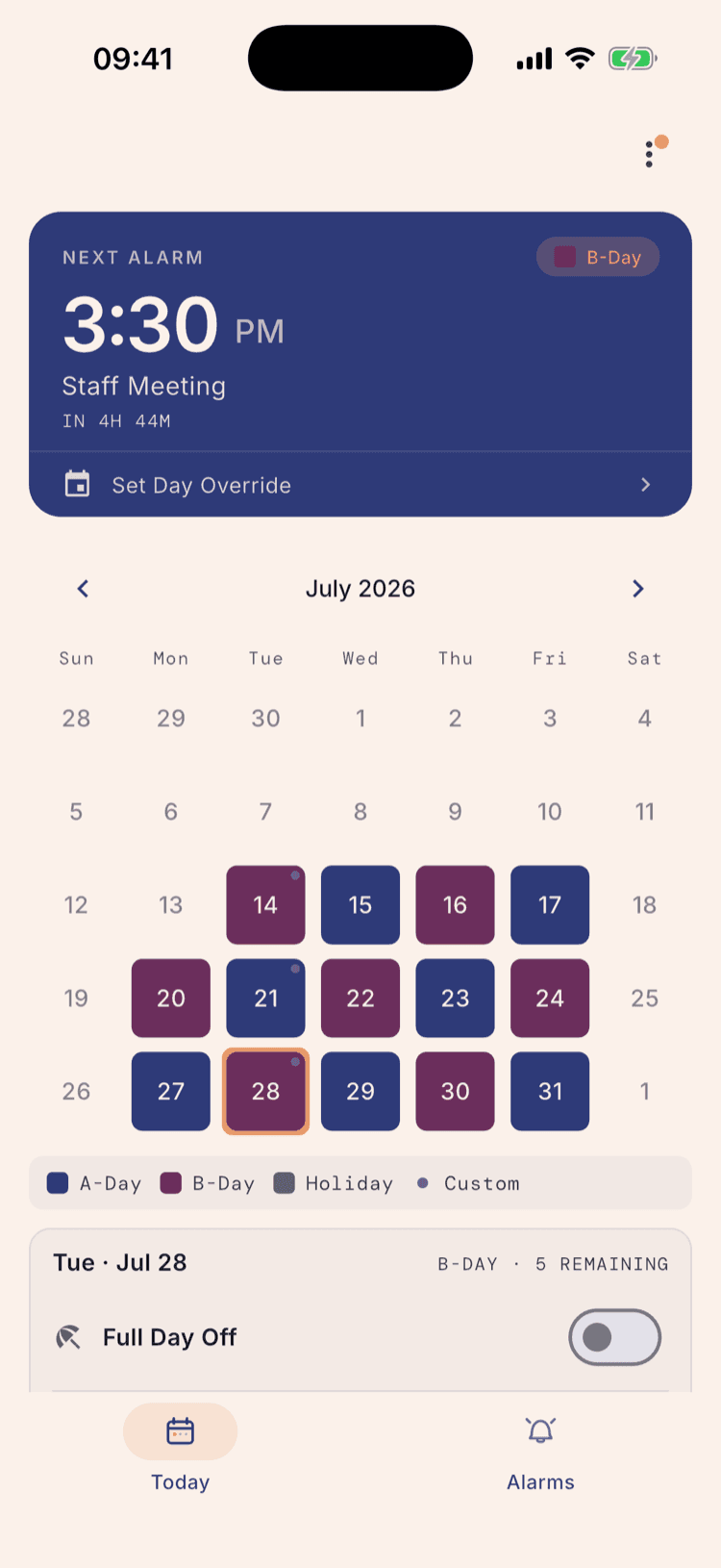 The home screen for July 2026 with alternating A-Day and B-Day colours, Tuesday the 28th ringed as today, a key underneath reading A-Day, B-Day, Holiday and Custom, and the panel below reading “Tue · Jul 28 — B-DAY · 5 REMAINING”.