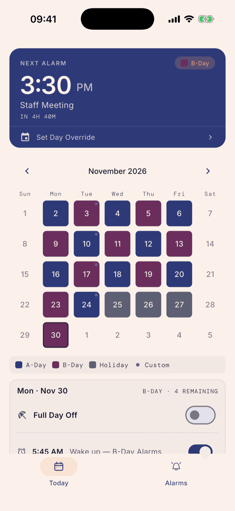 November 2026 with the 25th, 26th and 27th greyed out as a break, and Monday the 30th selected below, the panel reading “Mon · Nov 30 — B-DAY · 4 REMAINING”.