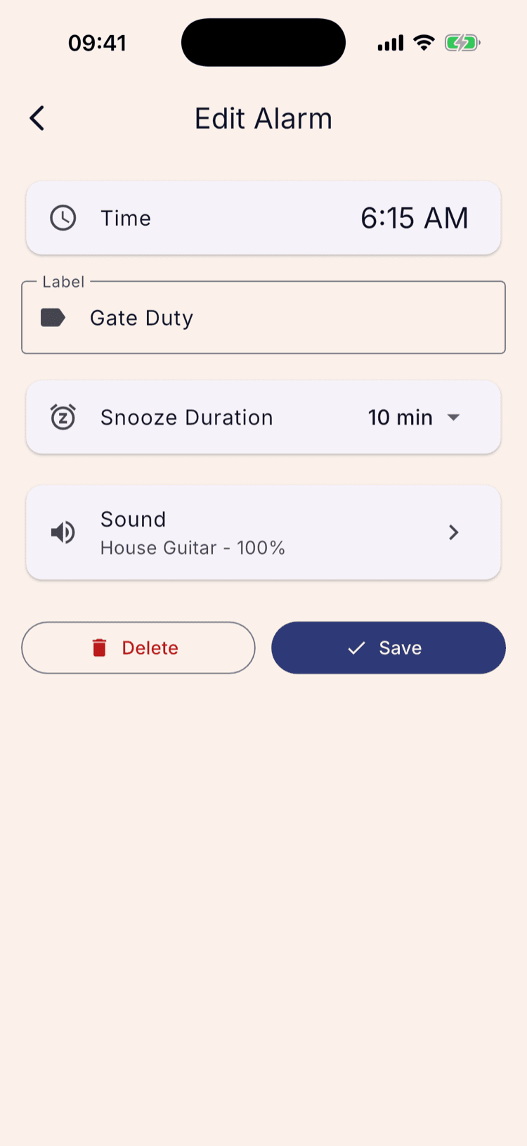 The Edit Alarm screen with rows for Time (6:15 AM), Label (Gate Duty), Snooze Duration (10 min) and Sound (House Guitar, 100%), above Delete and Save buttons.