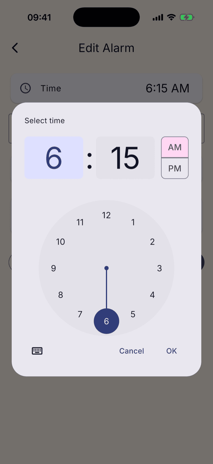 The Select time dialog showing 6:15 with an AM and PM toggle, and a clock face with 6 selected.