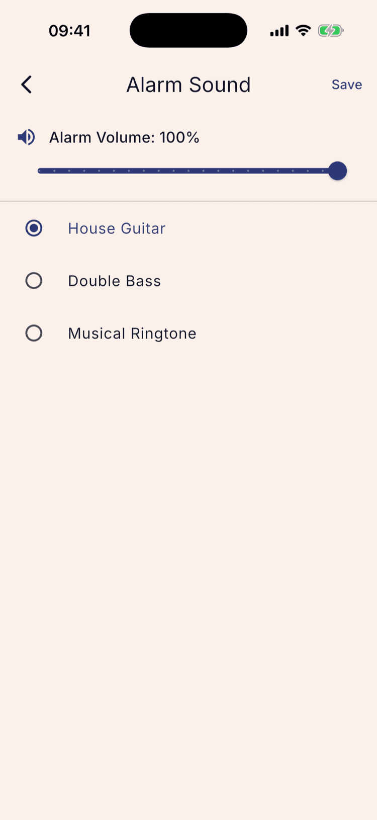 The Alarm Sound screen with an Alarm Volume slider at 100% above a list of ringtones, with House Guitar selected.