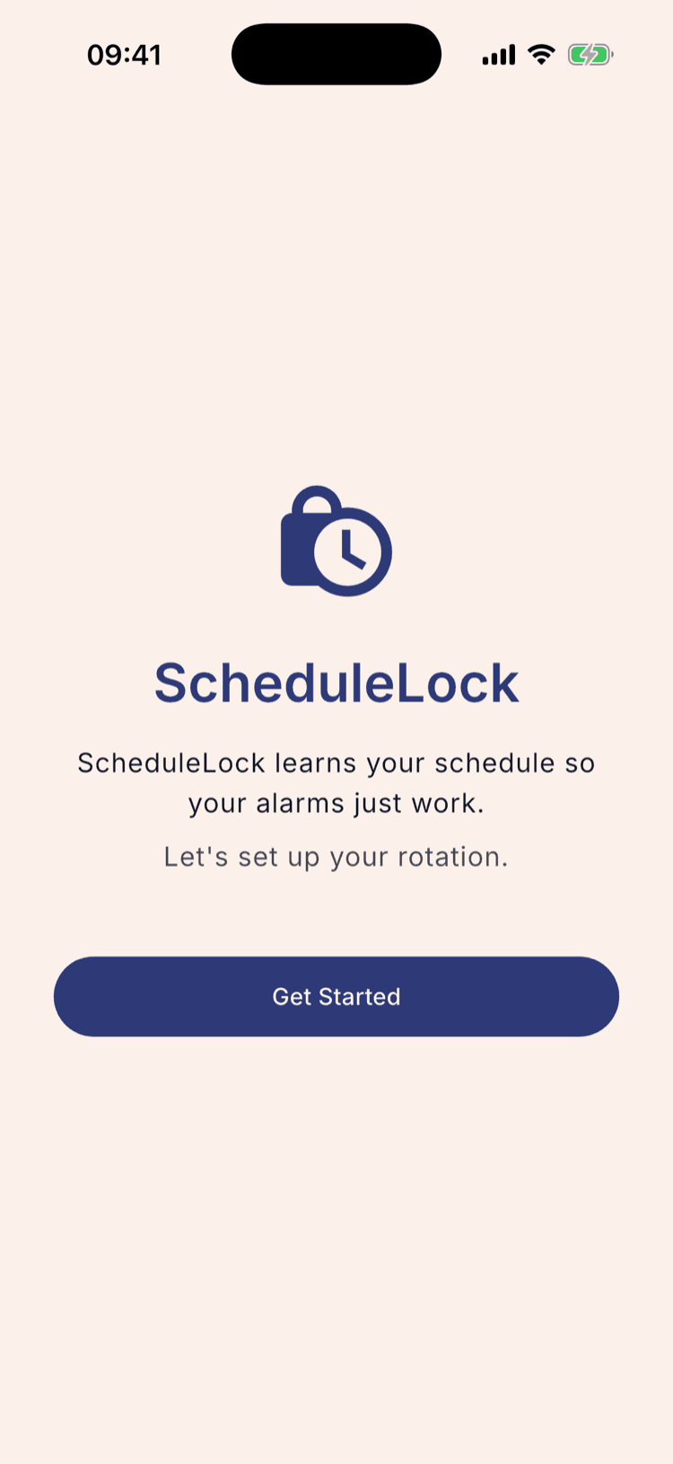 The ScheduleLock welcome screen: a lock-and-clock icon, the app name, the line “ScheduleLock learns your schedule so your alarms just work”, and a Get Started button.