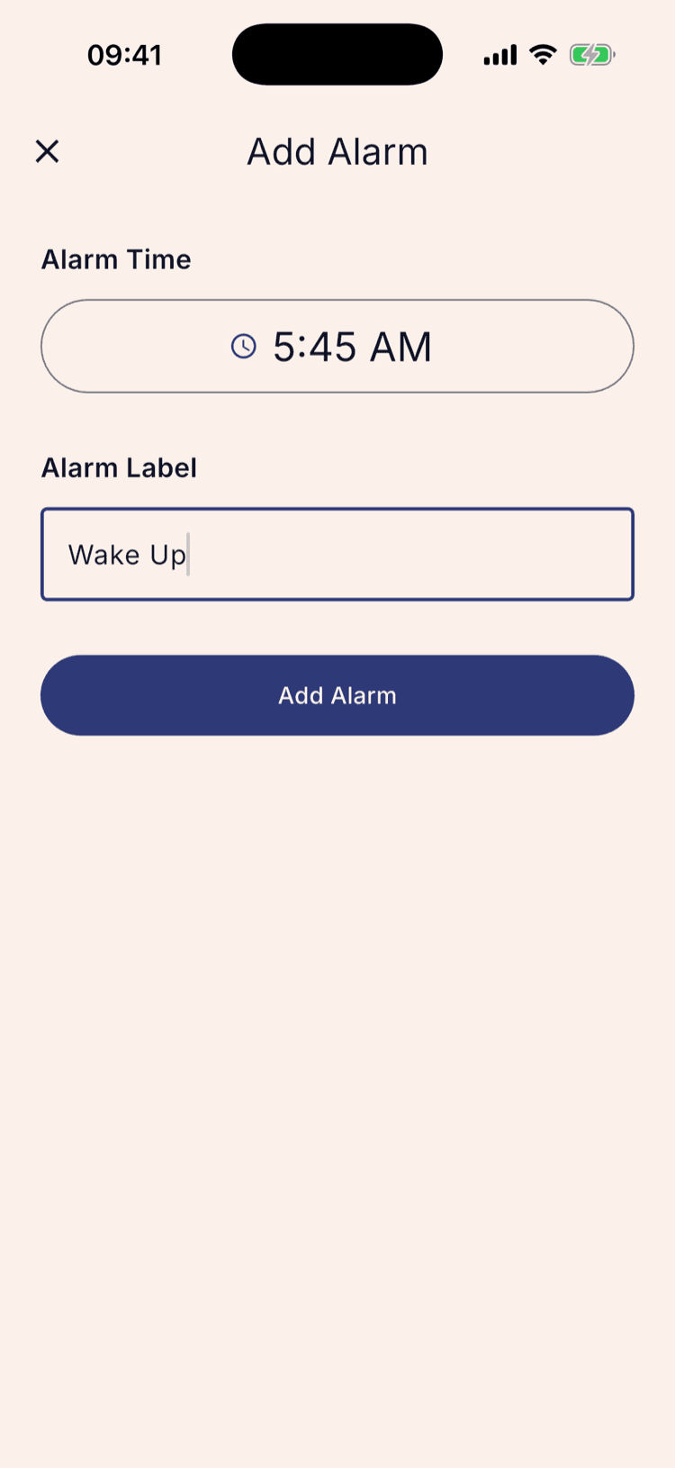 The Add Alarm screen with the time set to 5:45 AM and the label “Wake Up” typed in, above an Add Alarm button.