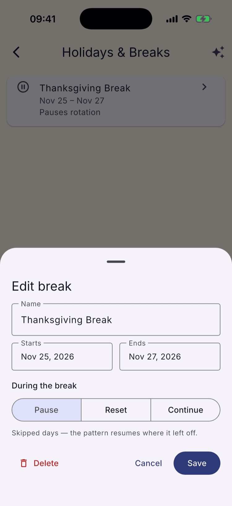 The Edit break sheet with a During the break control set to Pause, Reset, and Continue, and helper text underneath explaining the selected option.
