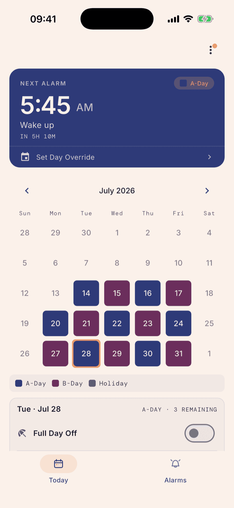 The ScheduleLock home screen with an A-Day chip on the next-alarm card, a July 2026 calendar of alternating A and B days, and a day panel reading Tue, Jul 28 with A-DAY and 3 remaining.
