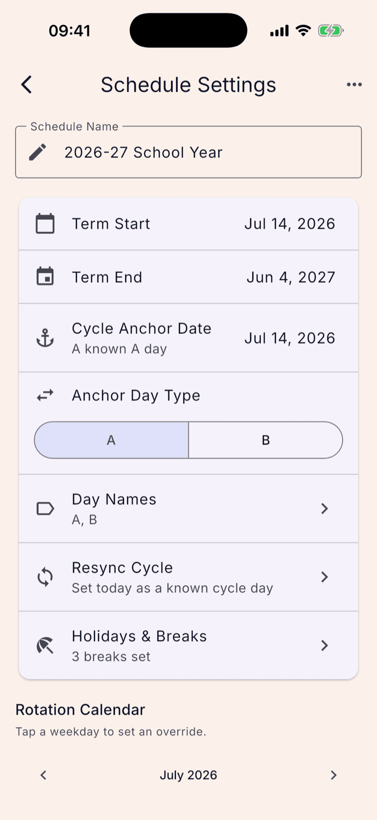 The Schedule Settings screen showing Term Start, Term End, Cycle Anchor Date of Jul 14 2026 marked as a known A day, an Anchor Day Type control set to A, Day Names, Resync Cycle, and Holidays & Breaks.