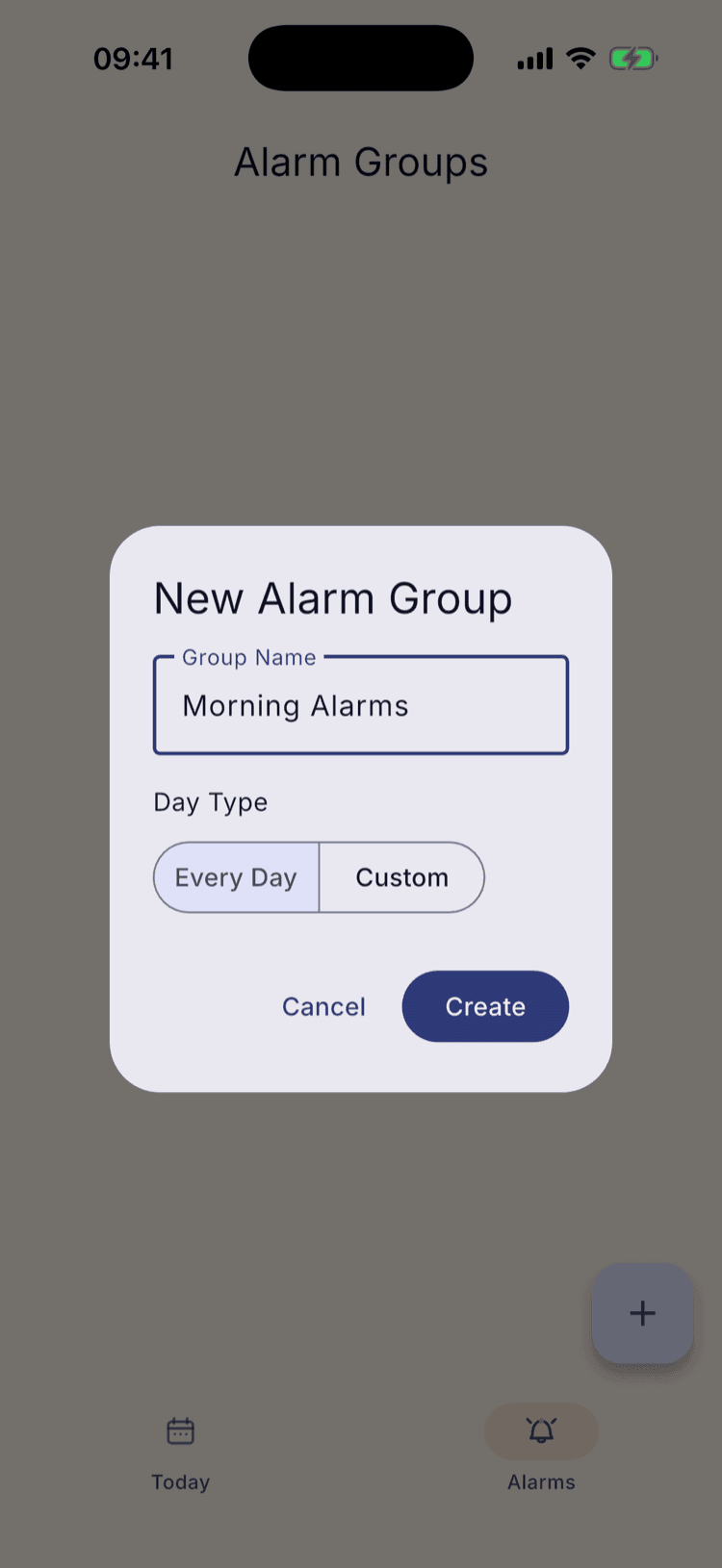 The New Alarm Group dialog with the name “Morning Alarms” and a Day Type control offering two segments, Every Day and Custom, with Every Day selected.