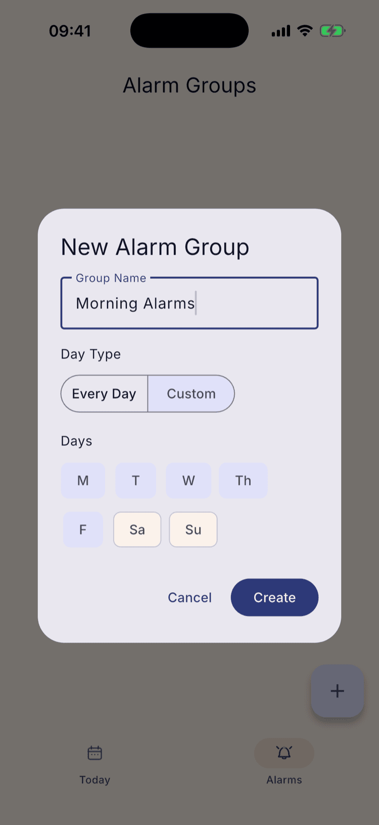 The same dialog with Custom now selected, revealing a Days row of chips reading M, T, W, Th, F, Sa and Su, with Monday to Friday selected and the weekend chips unselected.