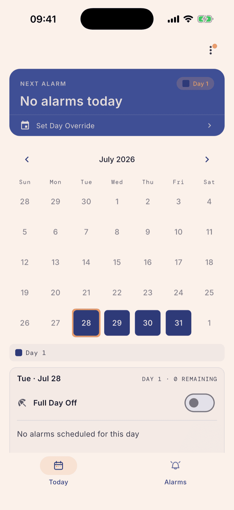 The home calendar for July 2026 with the school days from the 28th to the 31st all coloured identically, a key underneath showing a single Day 1 entry, and the day panel reading “Tue · Jul 28 — DAY 1 · 0 REMAINING”.